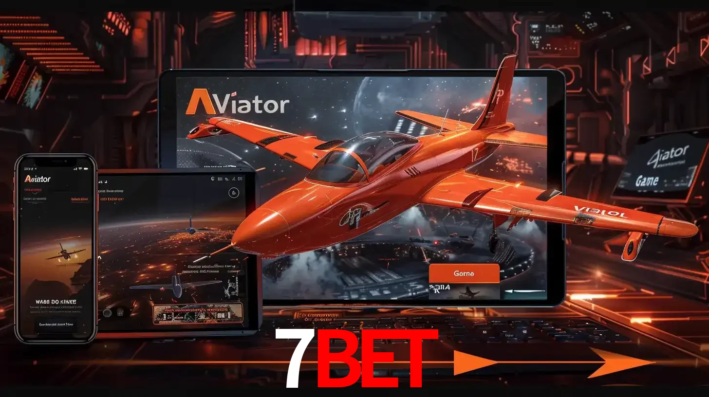 Apresentação tecnológica do jogo Aviator com um avião saindo da tela de um tablet, demonstrando a experiência imersiva em múltiplos dispositivos no 7BET.