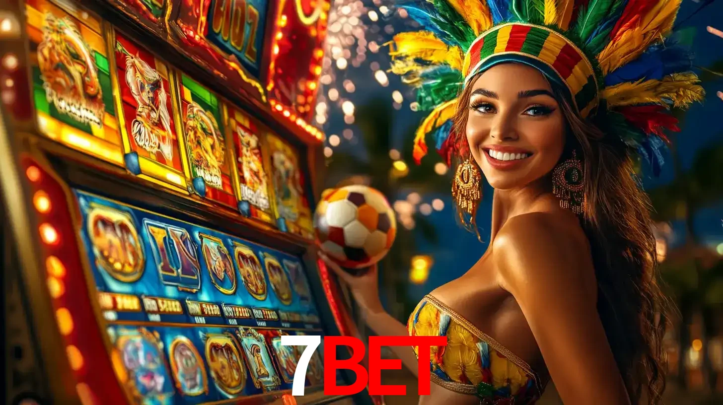 Mulher com um cocar de carnaval ao lado de uma máquina de caça-níqueis enquanto segura uma bola de futebol, mostrando a união da diversão de cassino e esportes no 7BET.