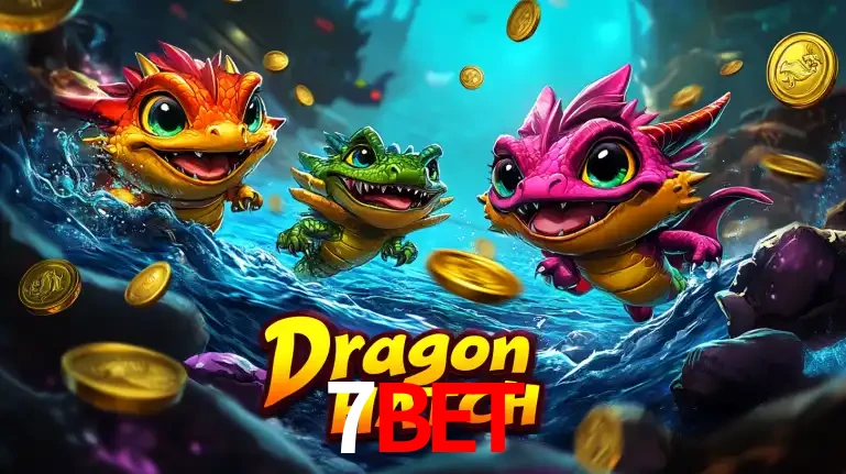 Arte promocional do jogo Dragon Hatch com três adoráveis dragões bebês nadando entre moedas de ouro, um dos slots mais divertidos para jogar no cassino 7BET.