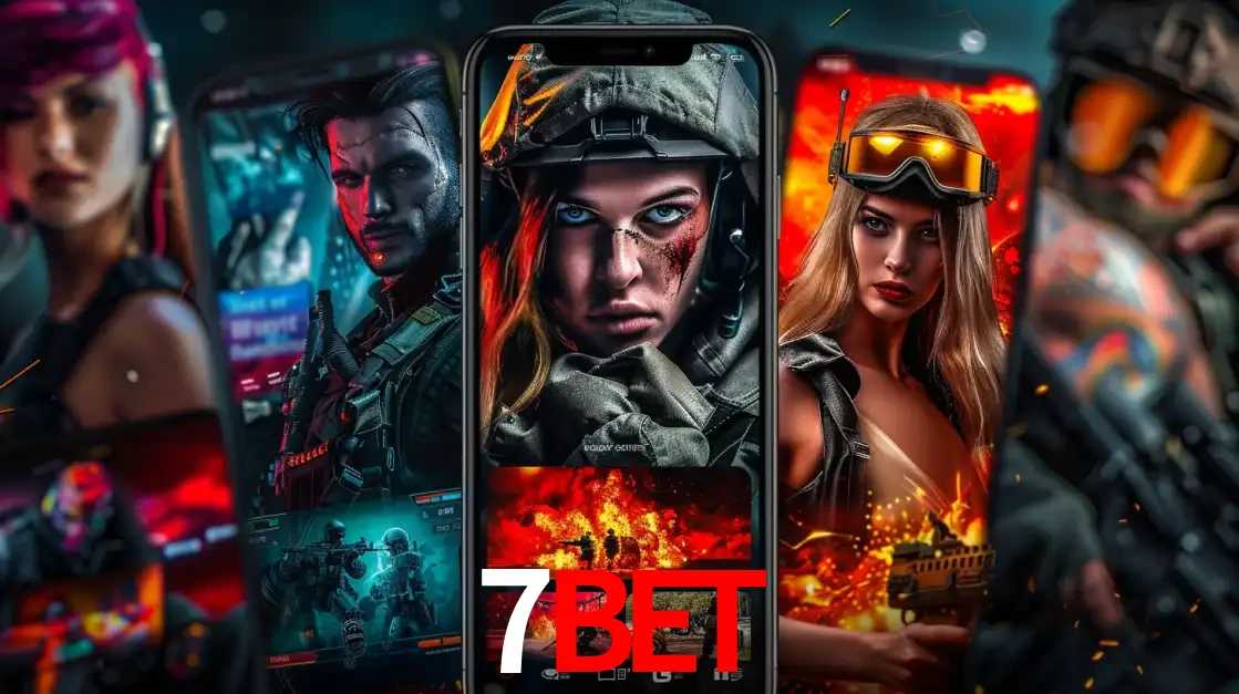 Montagem de telas de celular mostrando diversos personagens, masculinos e femininos, de um jogo de tiro, ilustrando a diversidade de equipes de e-sports para apostar no 7BET.