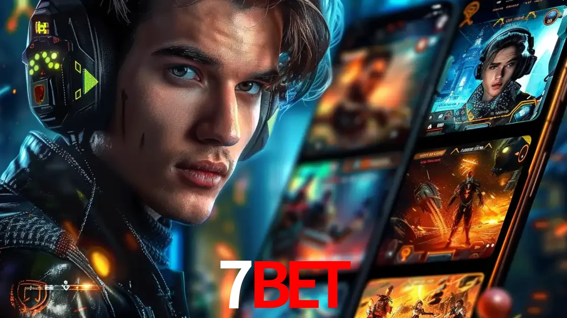 Jovem jogador com fones de ouvido olhando para a câmera, com um aplicativo de jogos e e-sports para celular ao fundo, pronto para a competição e apostas no 7BET.