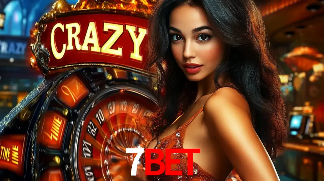 Mulher glamourosa olhando para a câmera com a roda vermelha do Crazy Time ao fundo em um ambiente de cassino, destacando a emoção dos jogos ao vivo no 7BET.
