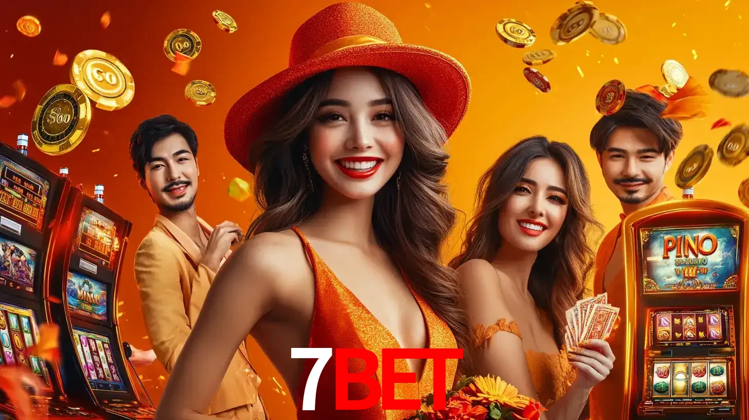 Grupo de amigos asiáticos sorrindo e se divertindo com máquinas de caça-níqueis em um ambiente festivo, celebrando suas vitórias nos jogos de cassino do 7BET.