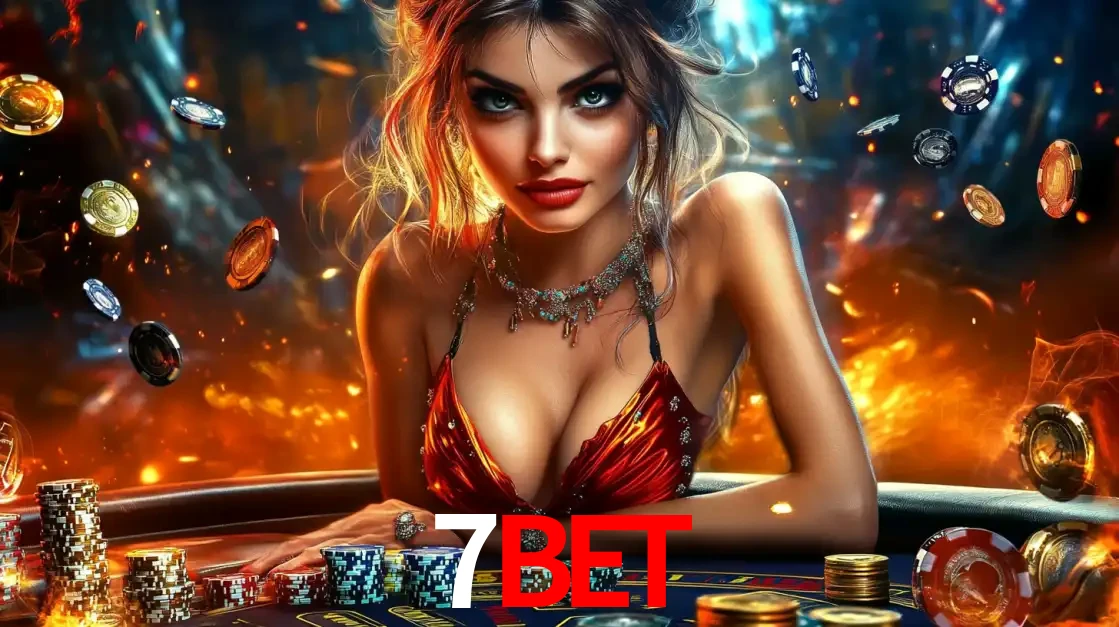 Mulher em uma mesa de cassino com pilhas de fichas e um fundo de fogo, pronta para uma rodada de altas apostas nos jogos de mesa emocionantes do cassino 7BET.