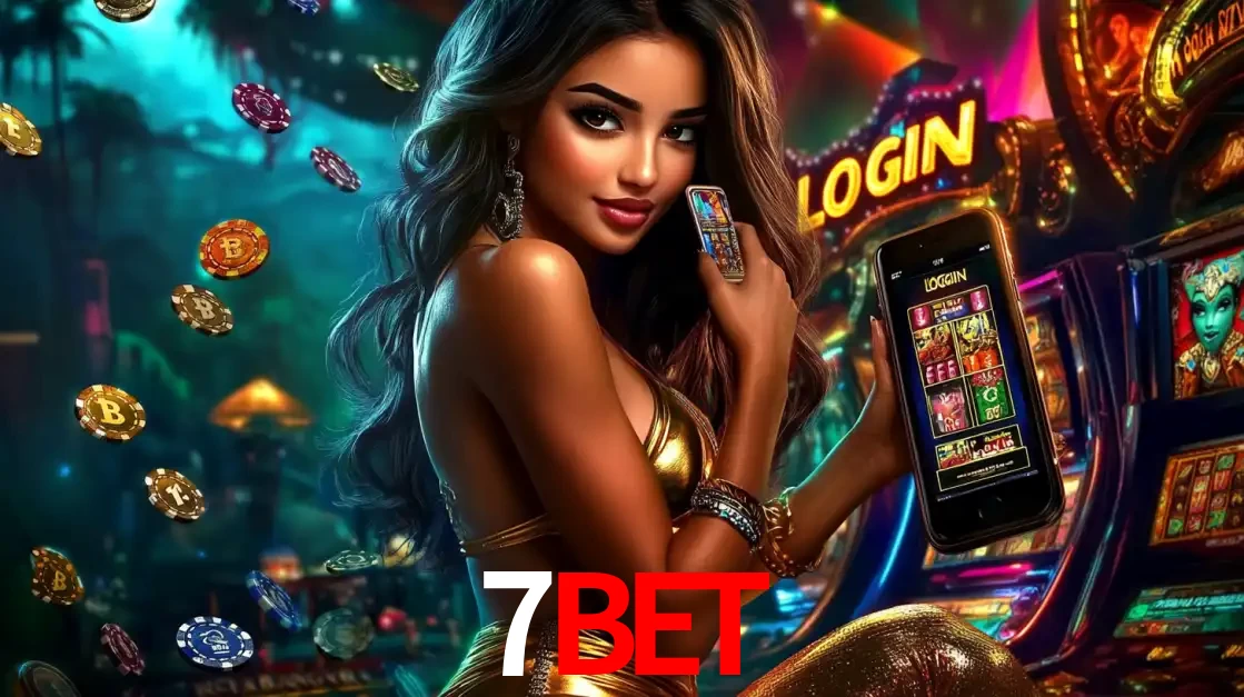 Mulher em um cenário de cassino temático de aventura, mostrando o app de caça-níqueis da 7BET no celular. Fichas de apostas flutuam ao redor.